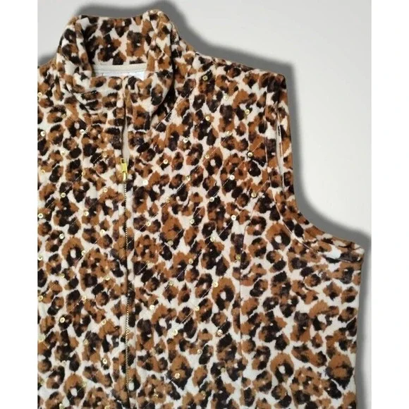 Quacker Factory Leopard Print Sequined Full Zip Vest Size S - Picture 3 of 8